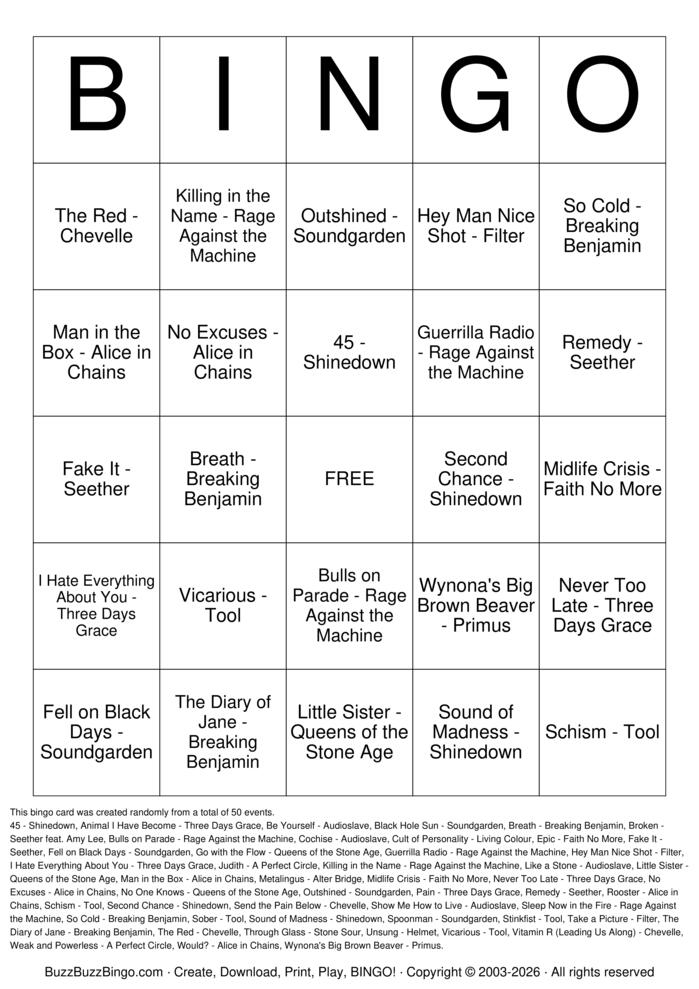 Download Free Alt Metal Top 50 Bingo Cards Download Free Alt Metal Top 50 Bingo Cards