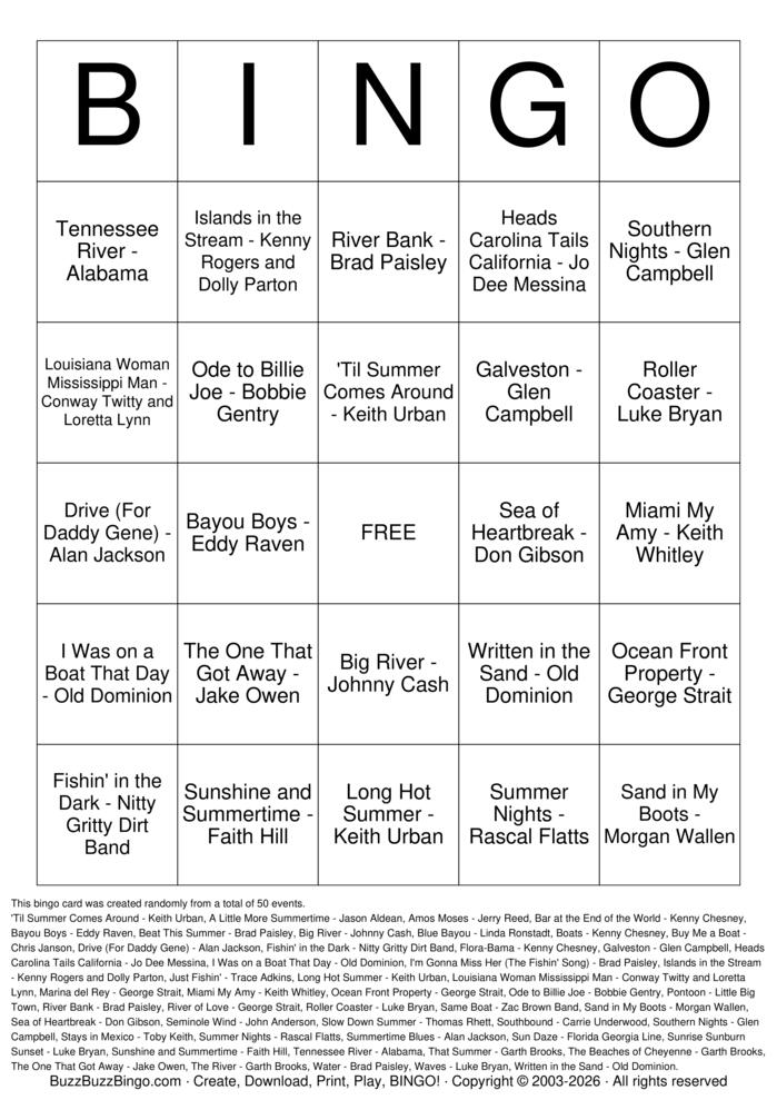 Download Free Beach Country Top 50 Bingo Cards