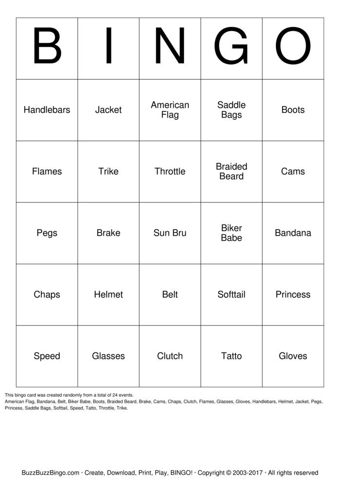 Download Free Biker  Bingo Cards
