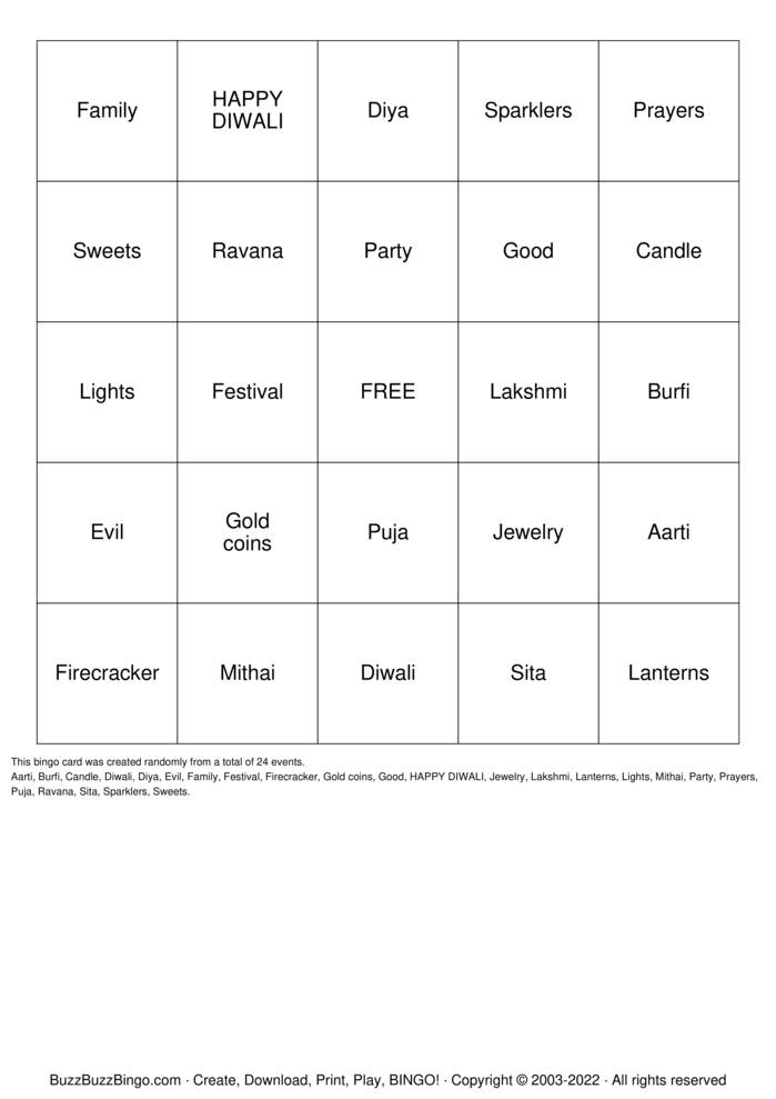 Diwali Bingo Bingo Cards to Download, Print and Customize!
