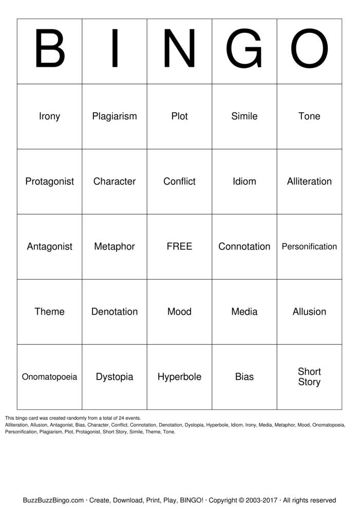 Download Free Figurative Language Bingo Cards