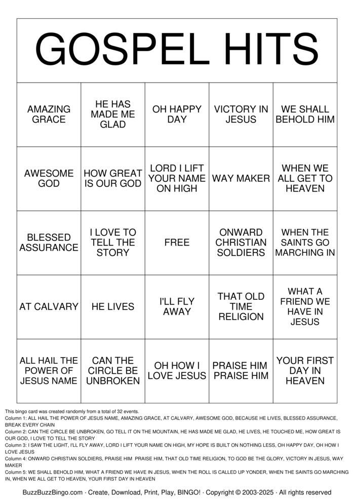 Download Free GOSPEL HITS SINGO Bingo Cards