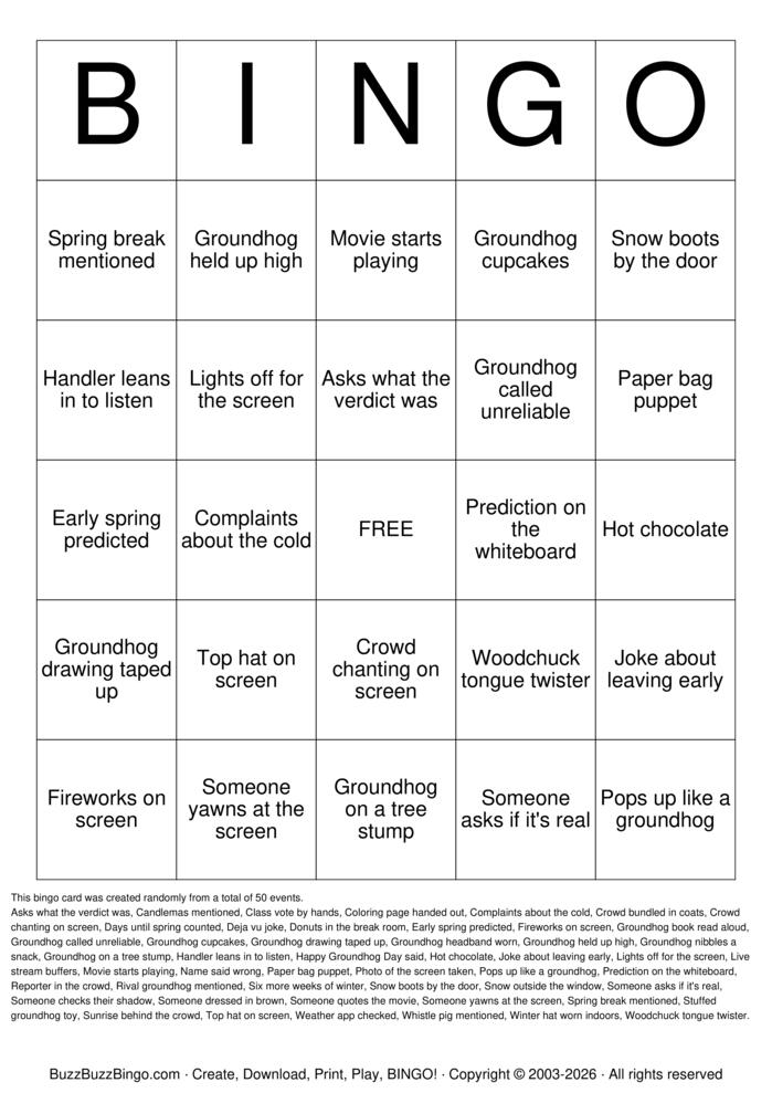 Download Free Groundhog Day Bingo Cards