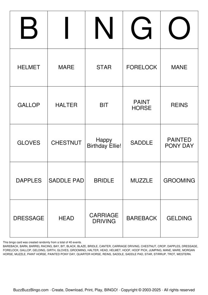 HORSE Bingo Cards to Download, Print and Customize!