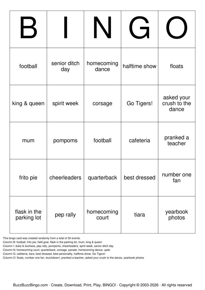 Download Free Homecoming Bingo Cards