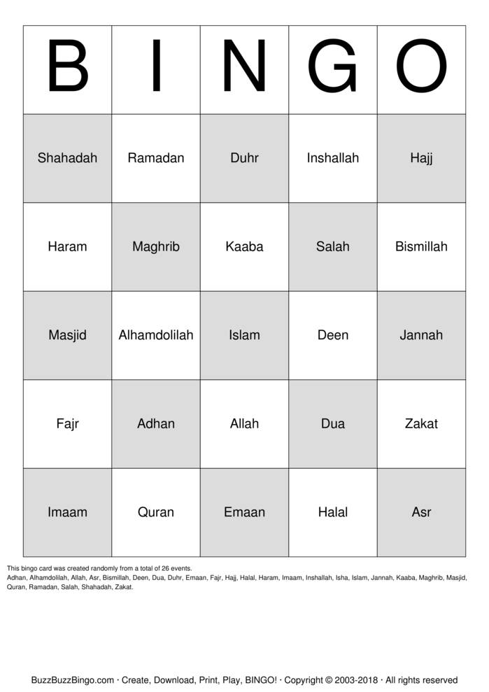 Download Free Islamic  Bingo Cards