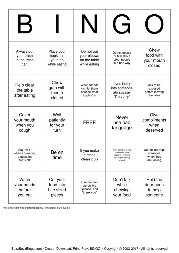 Manners Bingo Cards to Download, Print and Customize!