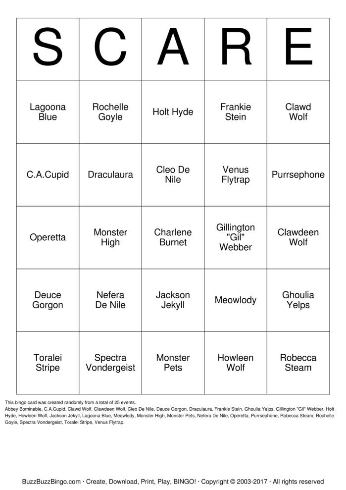 Monster High Bingo Cards to Download, Print and Customize!