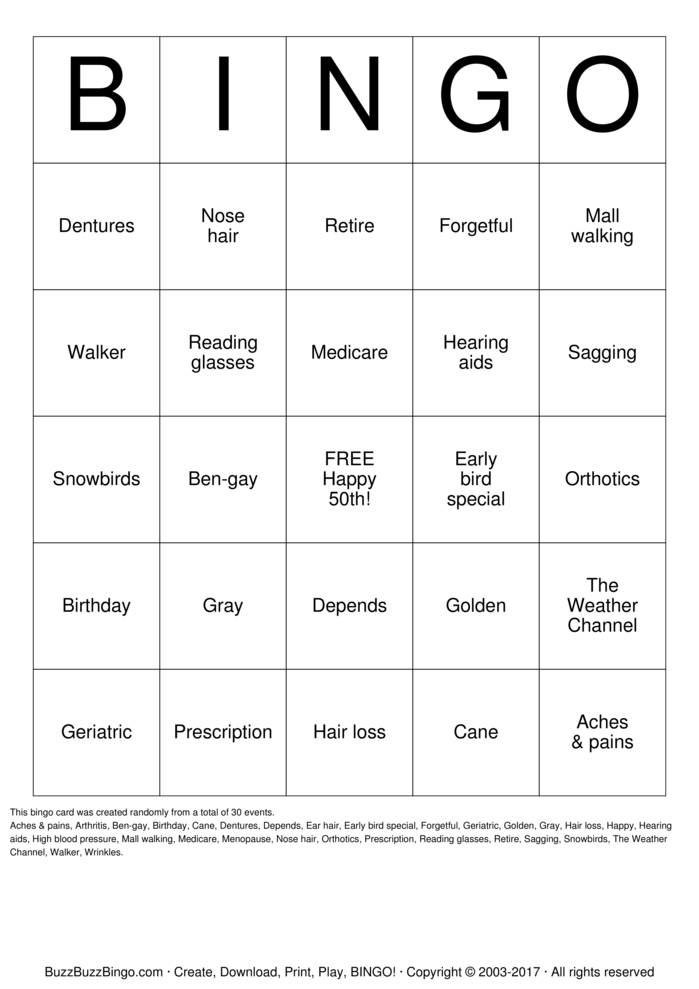Download Free OVER THE HILL Bingo Cards