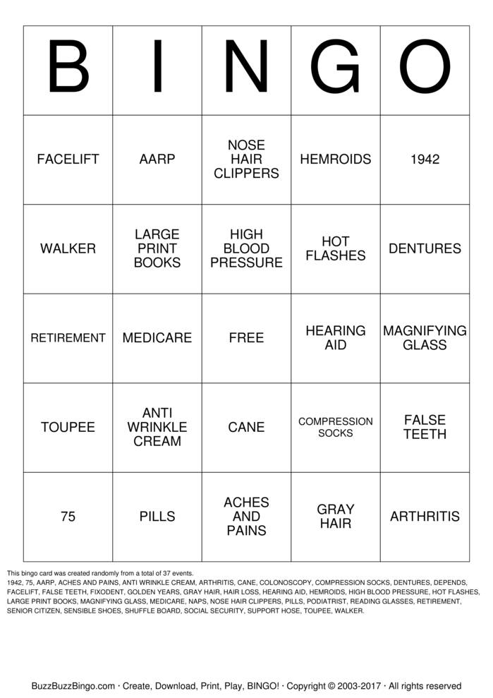 OVER THE HILL Bingo Cards to Download, Print and Customize!