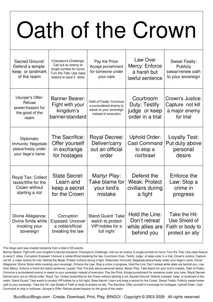 Download Free Oath of the Crown Bingo Cards