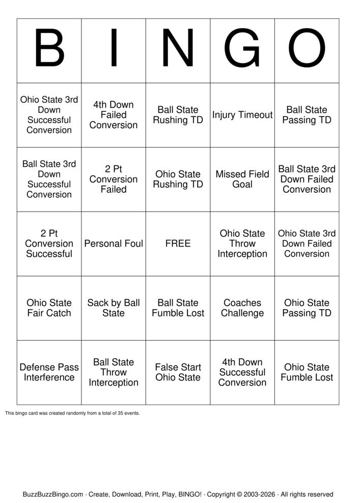 Download Free Ohio State vs Ball State Bingo Cards