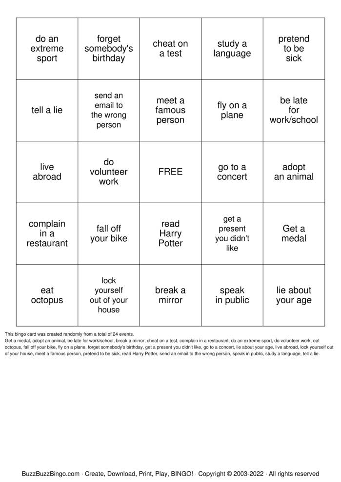 Download Free Present Perfect Bingo Cards