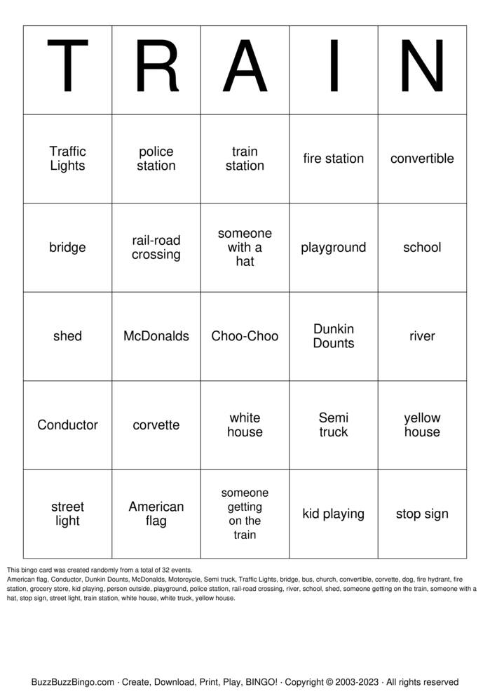 TRAIN Bingo Cards to Download, Print and Customize!