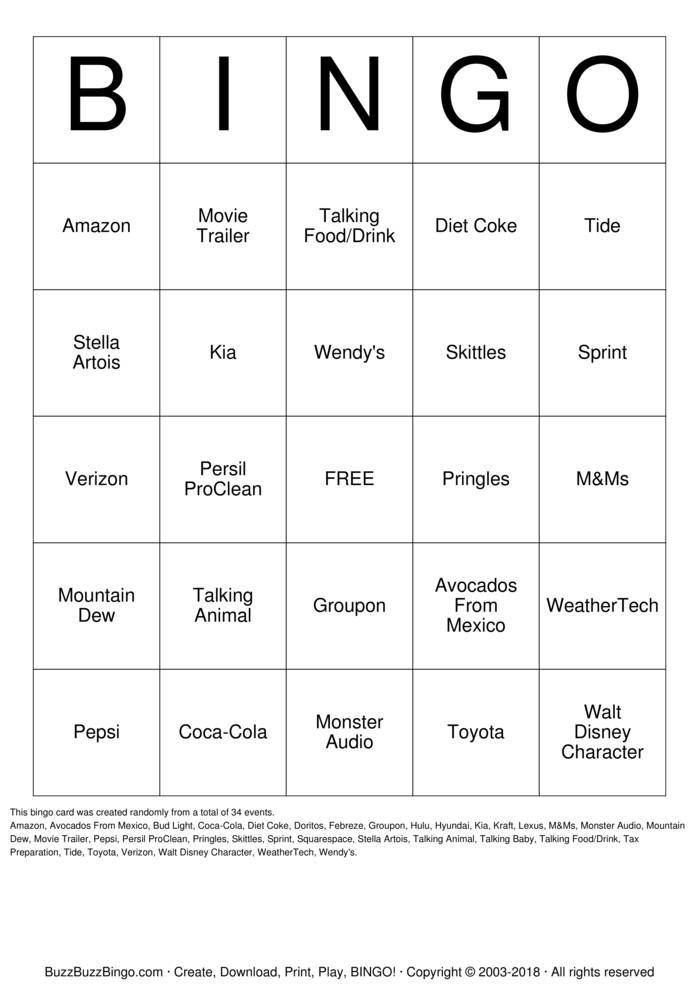 2018 Superbowl Commercials Bingo Cards to Download, Print and Customize!