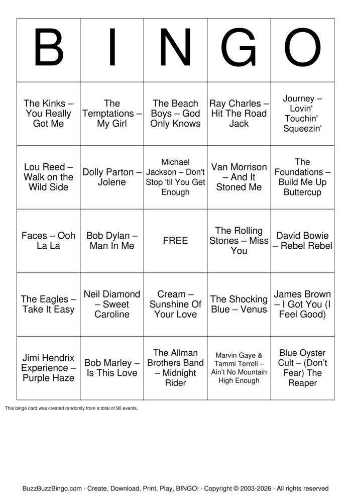 Download Free 60's & 70's Music Bingo Bingo Cards Download Free 60's & 70's Music Bingo Bingo Cards