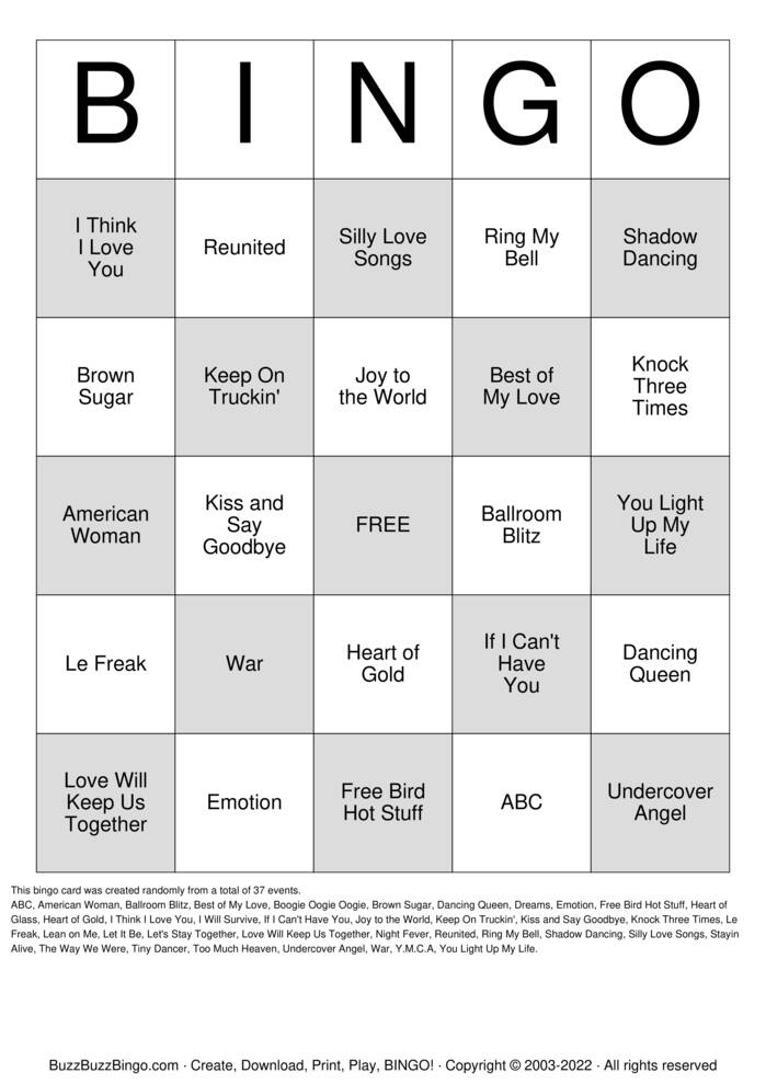 Download Free 70s Hit Songs Bingo Cards Download Free 70s Hit Songs Bingo Cards