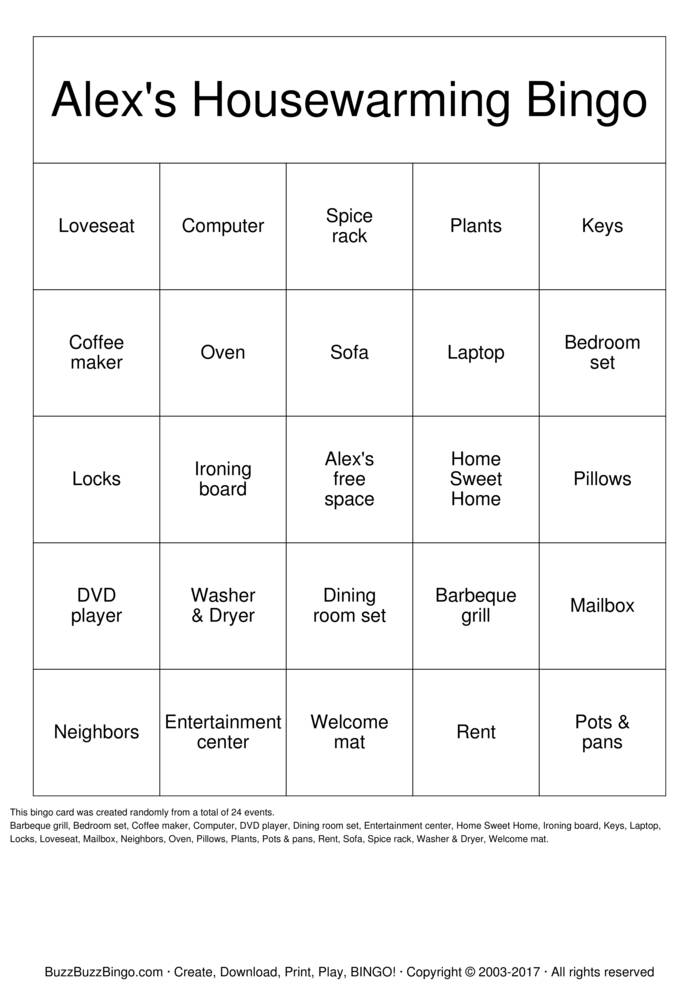 Alex's Housewarming Bingo Cards to Download, Print and Customize!