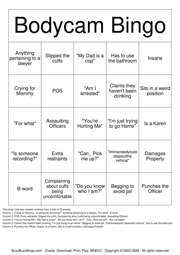 Download Free BODYCAM Bingo Cards