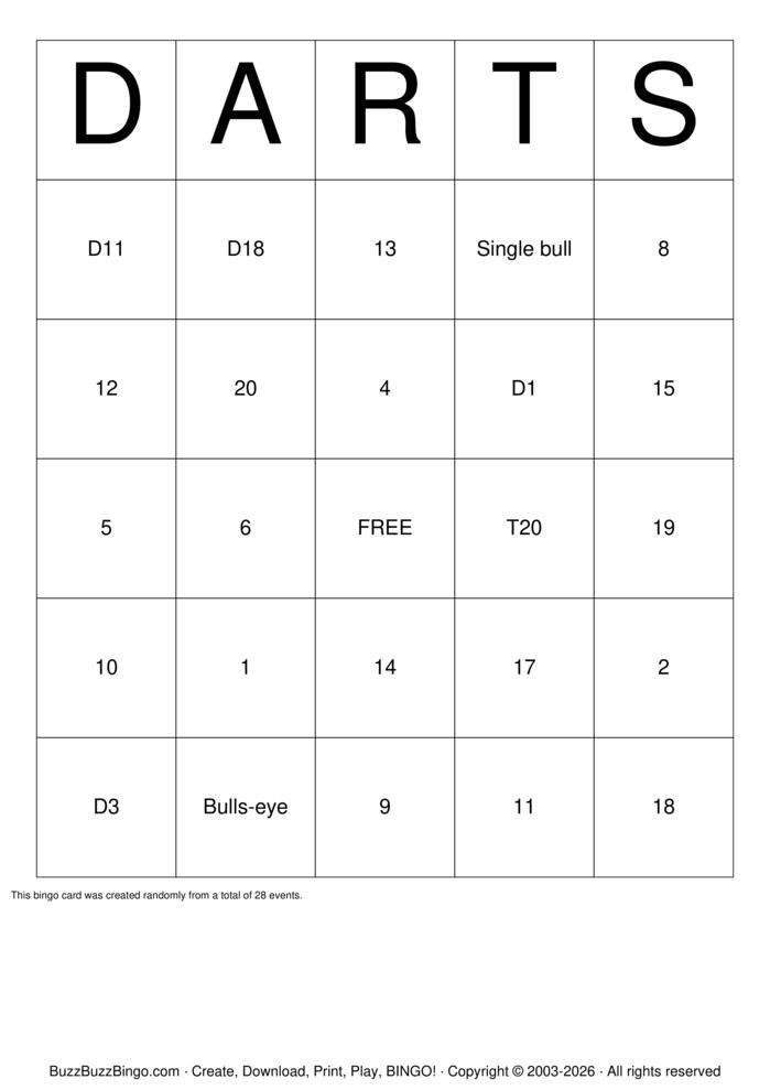 Download Free Darts Bingo Cards Download Free Darts Bingo Cards