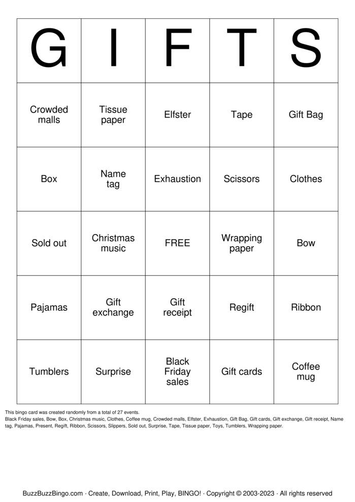 Download Free GIFTS Bingo Cards