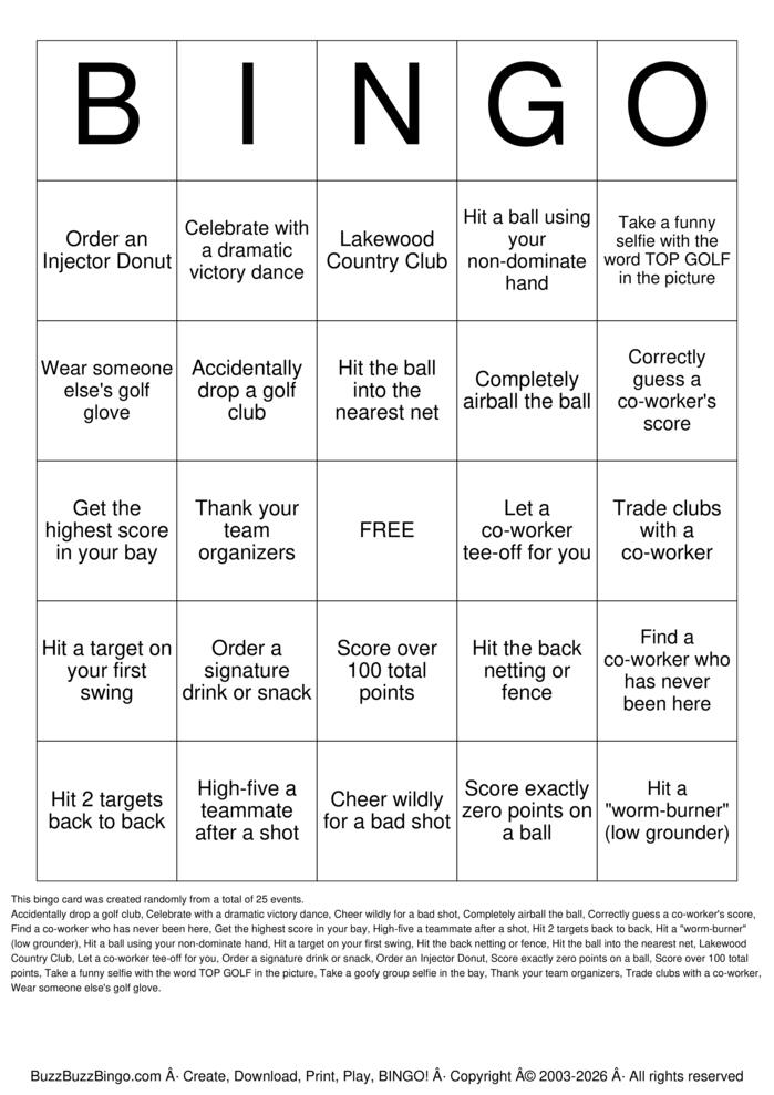 Download Free Golf Bingo Cards