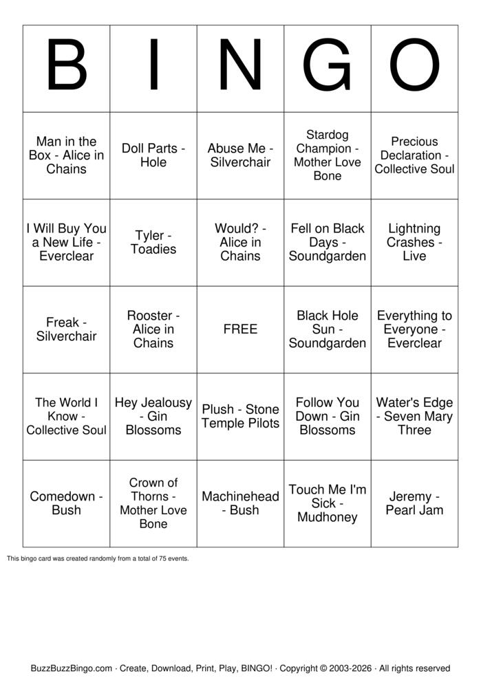 Download Free Grunge Era Bingo Cards