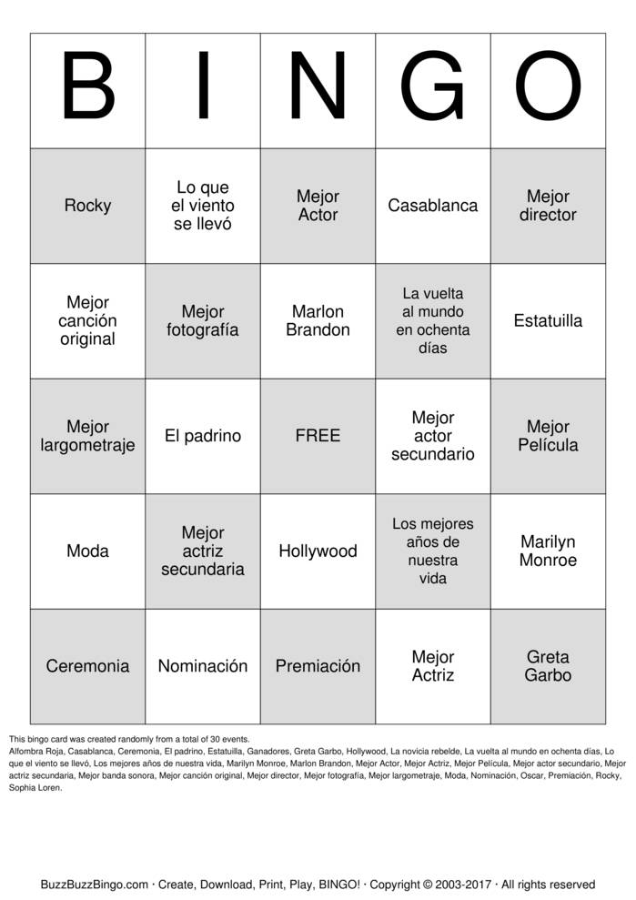 Download Free Hollywood Bingo Cards Download Free Hollywood Bingo Cards