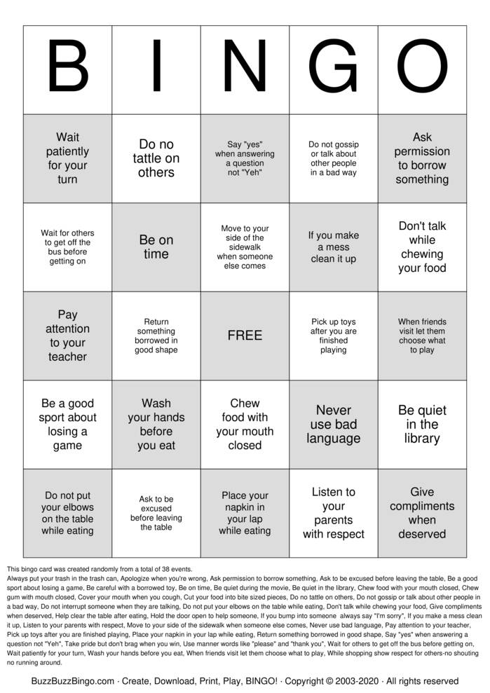 Manners Bingo Cards to Download, Print and Customize!