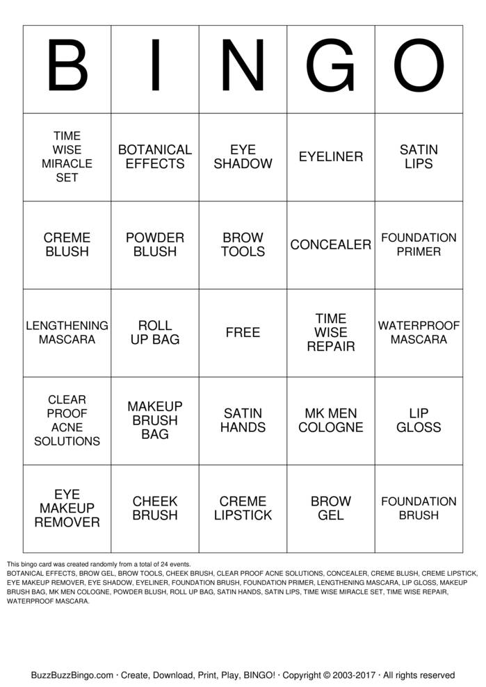Download Free Mary Kay  Bingo Cards