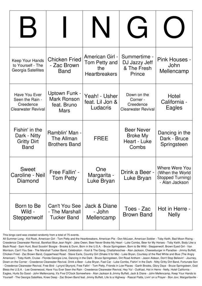 Download Free Memorial Day Cookout Songs Bingo Cards
