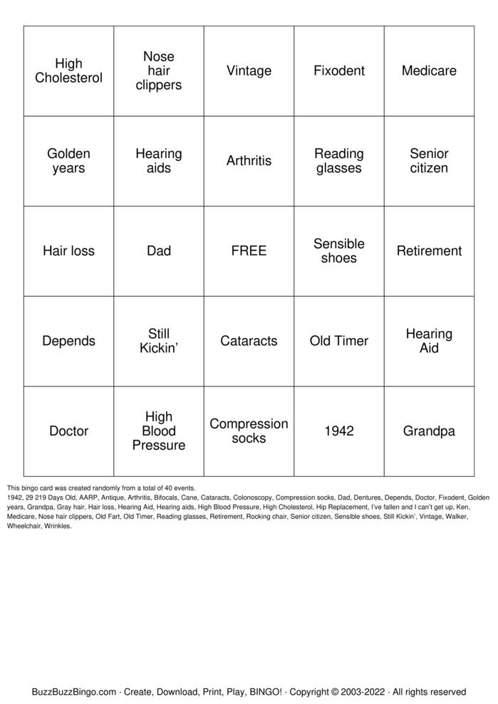 Over The Hill Bingo Cards to Download, Print and Customize!