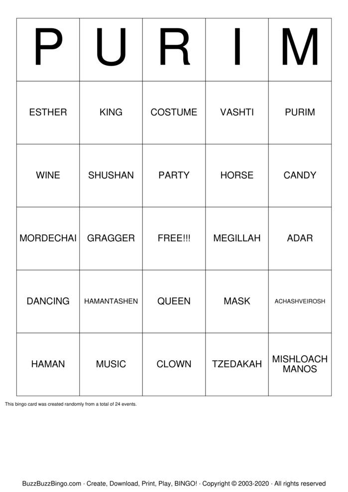 Download Free PURIM Bingo Cards