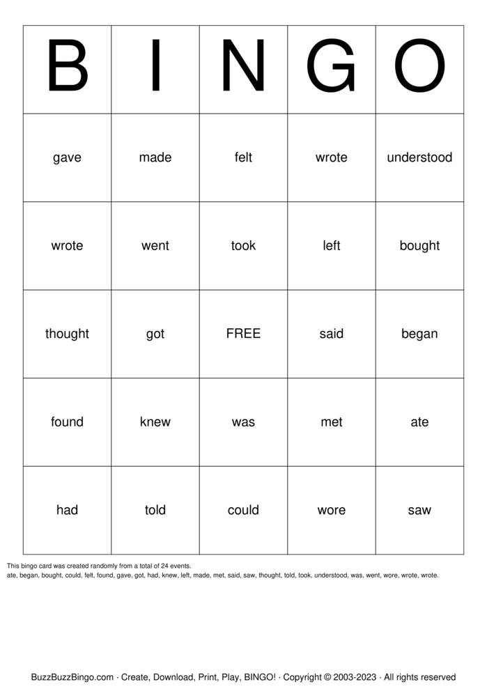 Download Free Past Tense Verbs Bingo Cards