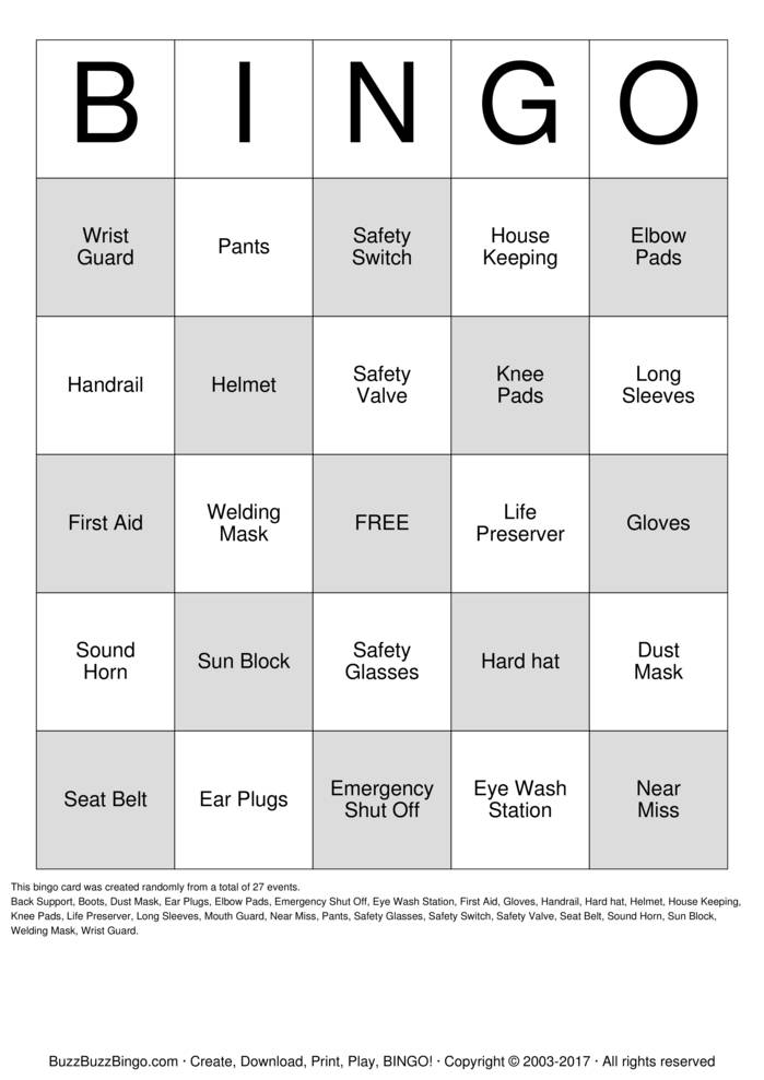 Download Free Safety Bingo Cards