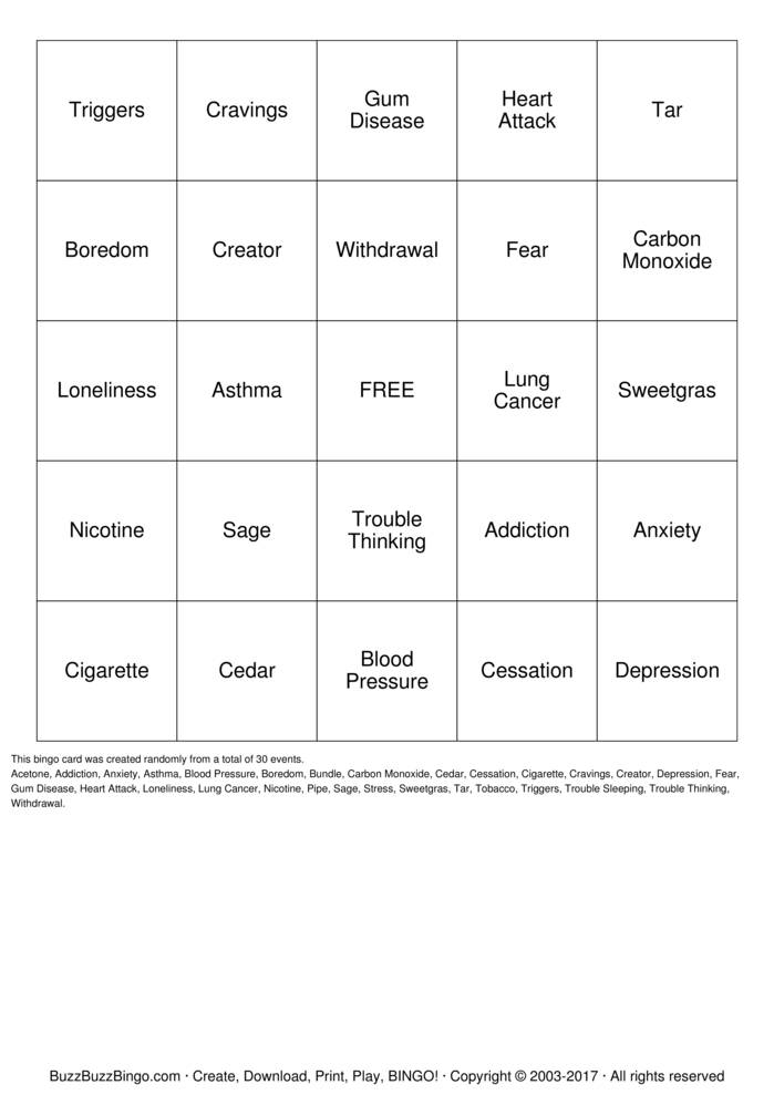 Smoking Cessation BINGO Bingo Cards to Download, Print and Customize!
