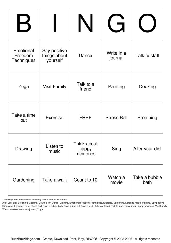 Download Free Stress Management Bingo Cards