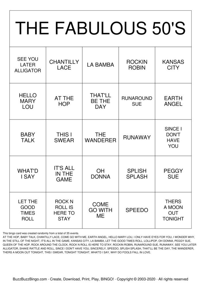 The FABULOUS 50'S Bingo Cards to Download, Print and Customize!