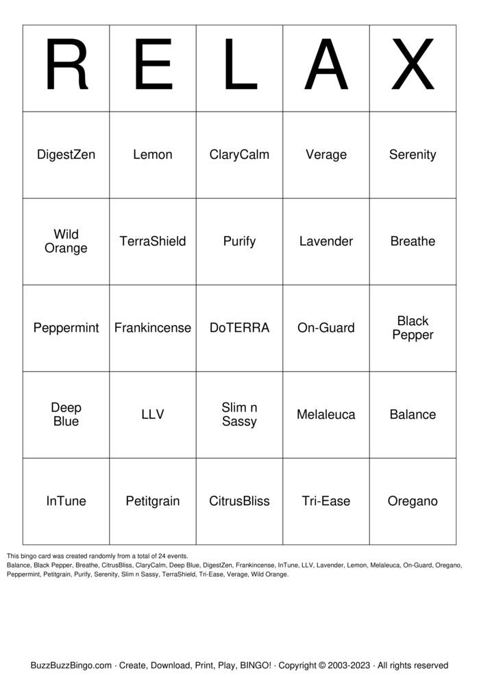 Download Free doTERRA OILS Bingo Cards