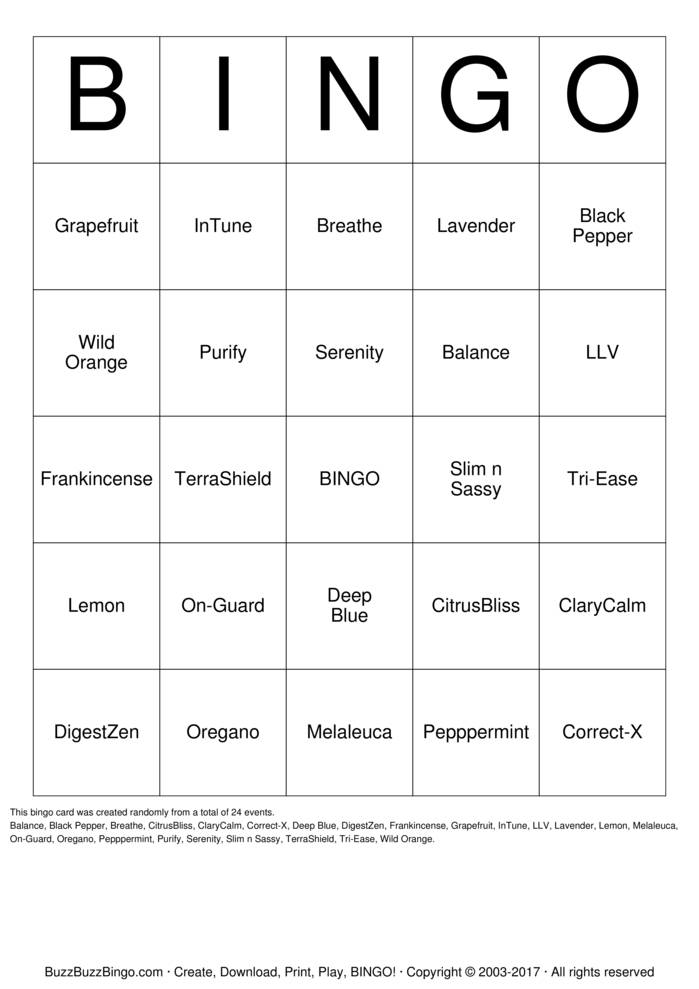 Download Free doTERRA OILS Bingo Cards