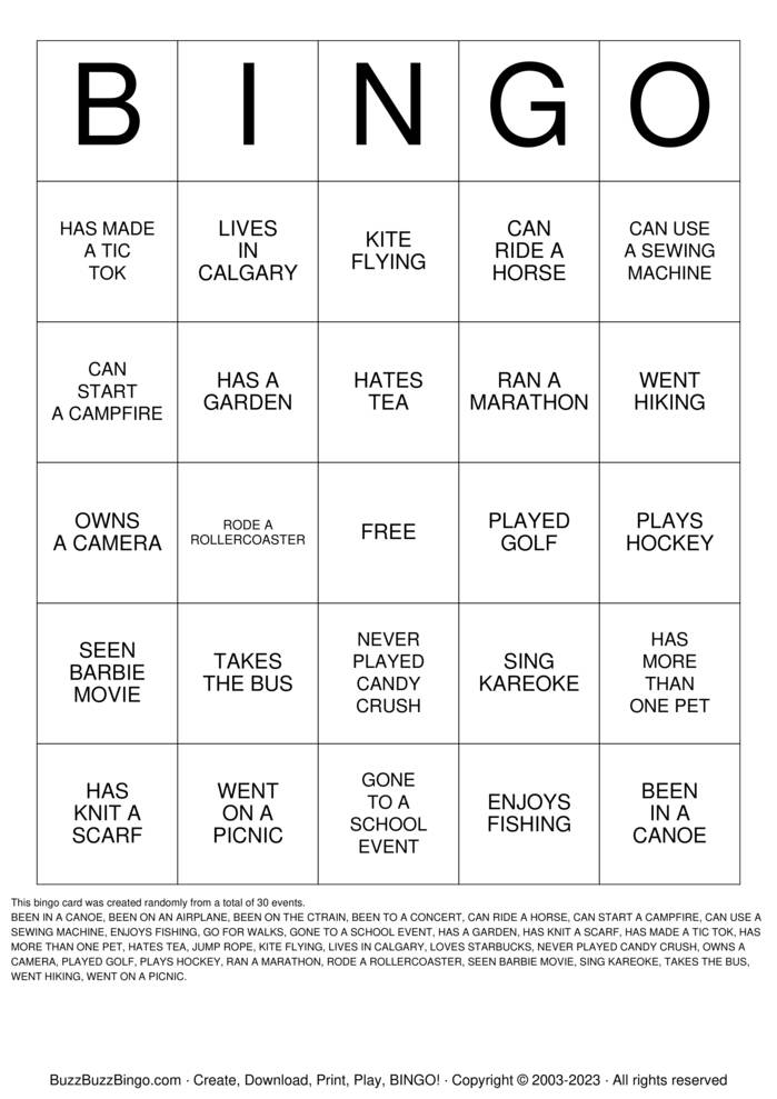 Download Free recreation Bingo Cards