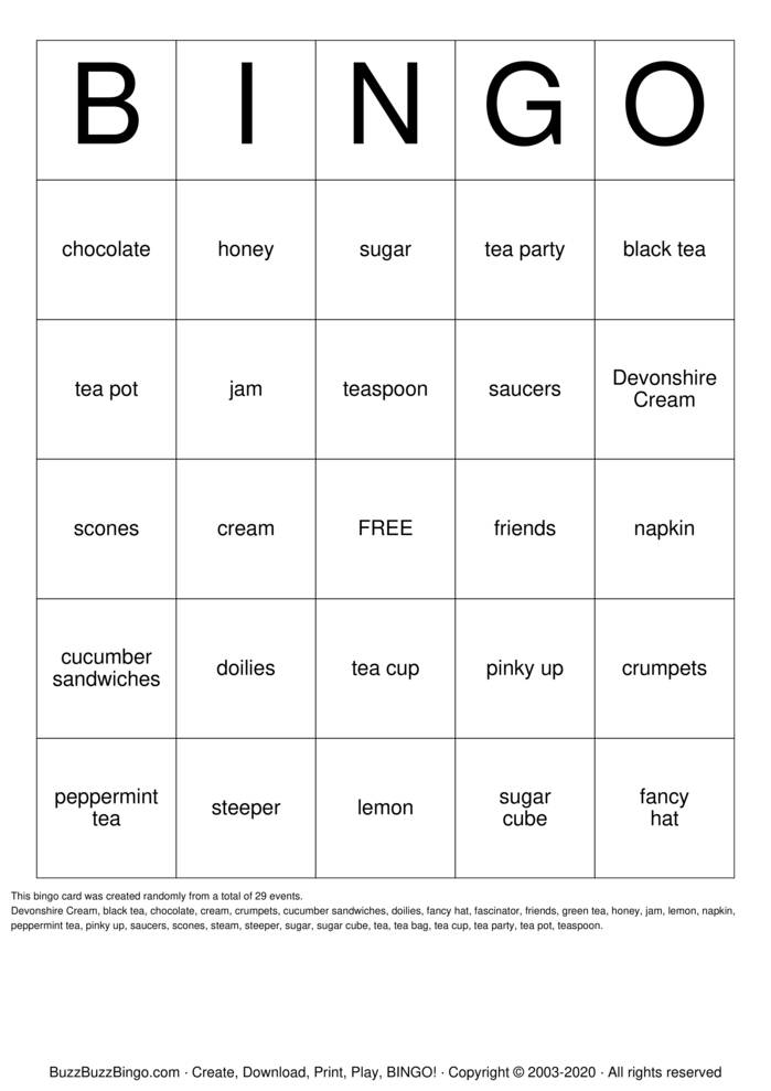 tea party bingo Bingo Cards to Download, Print and Customize!