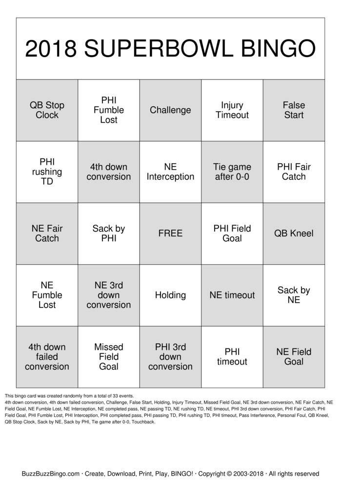 2018 Superbowl NE vs PHI Bingo Cards to Download, Print and Customize!