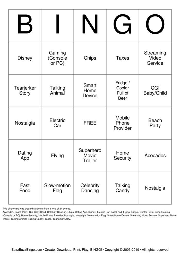 2019 Superbowl Commercials Bingo Cards to Download, Print and Customize!
