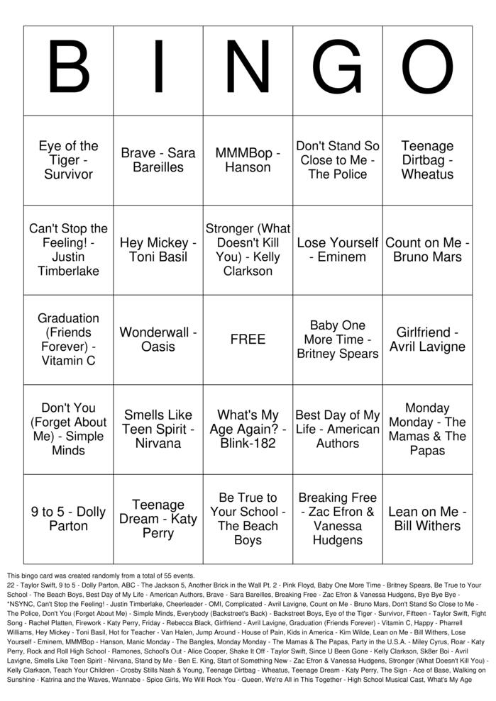 Download Free Back to School Songs Bingo Cards