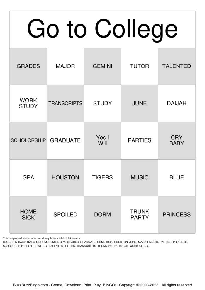 Download Free College Bingo Cards Download Free College Bingo Cards