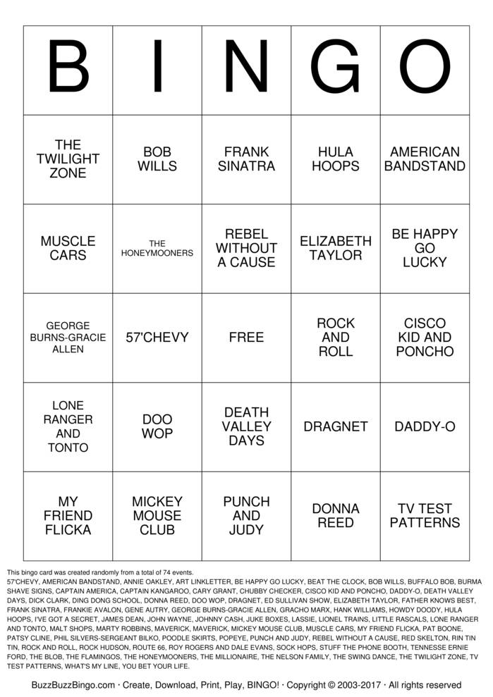 Download Free FABULOUS 50s Bingo Cards