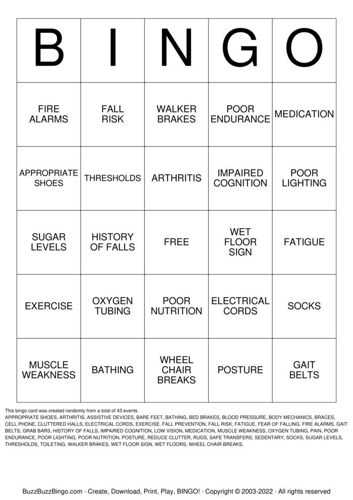 Fall Prevention Bingo Cards to Download, Print and Customize!
