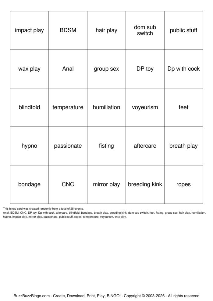 Download Free Fetish Bingo Cards