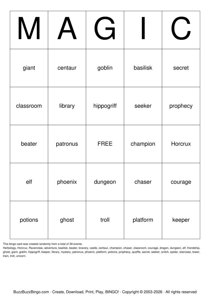 Download Free Harry Potter Bingo Cards